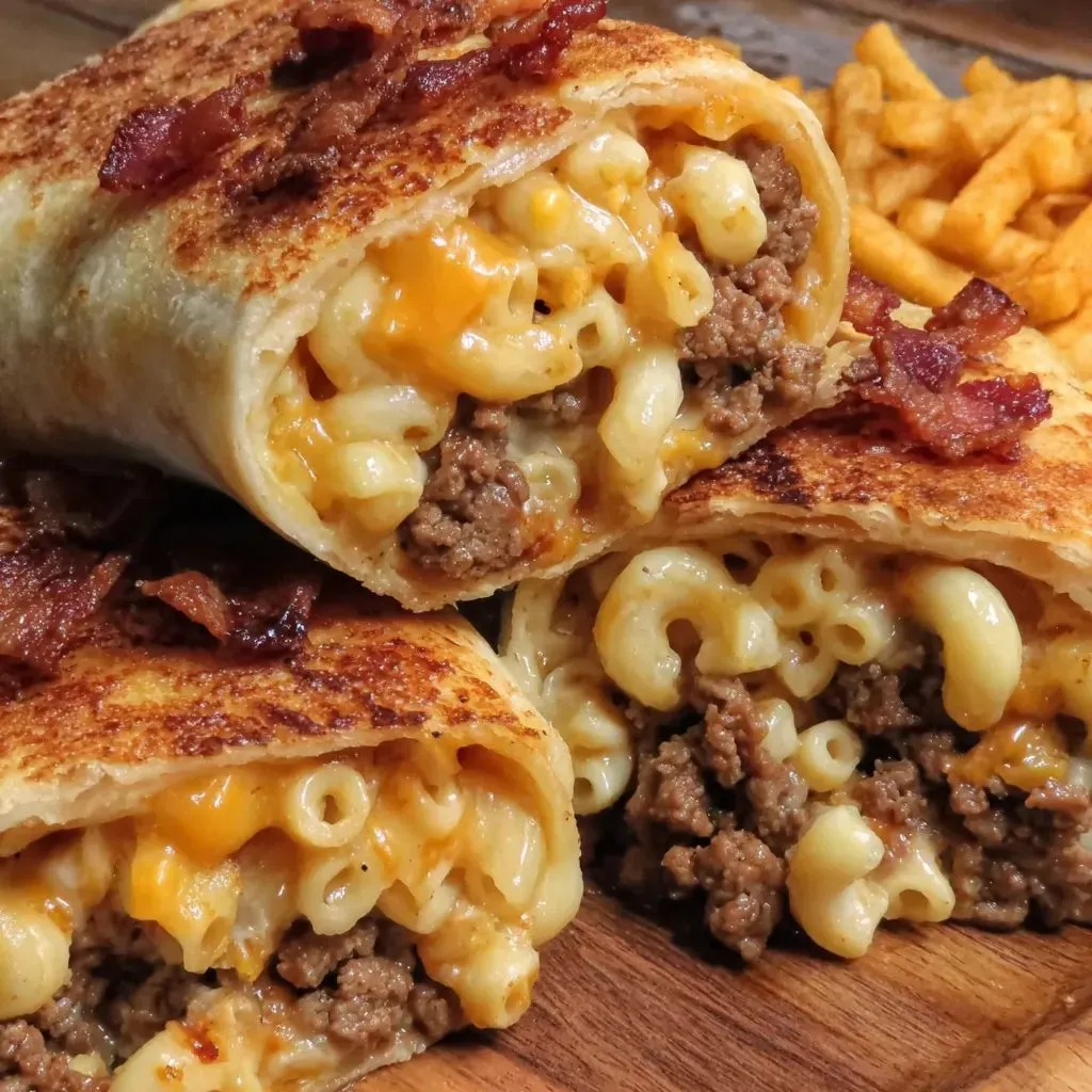 A burrito with macaroni and cheese.
