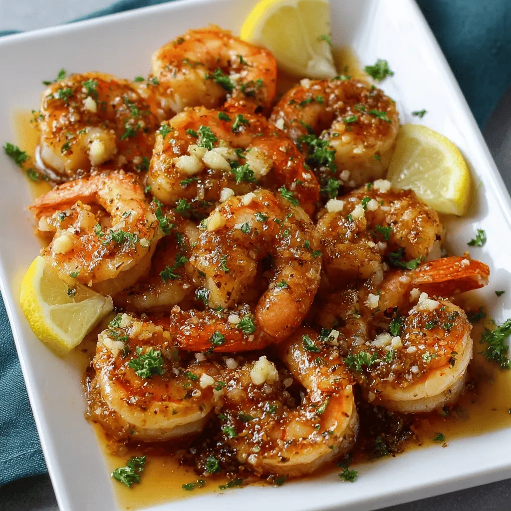 A plate of shrimp with lemon wedges.