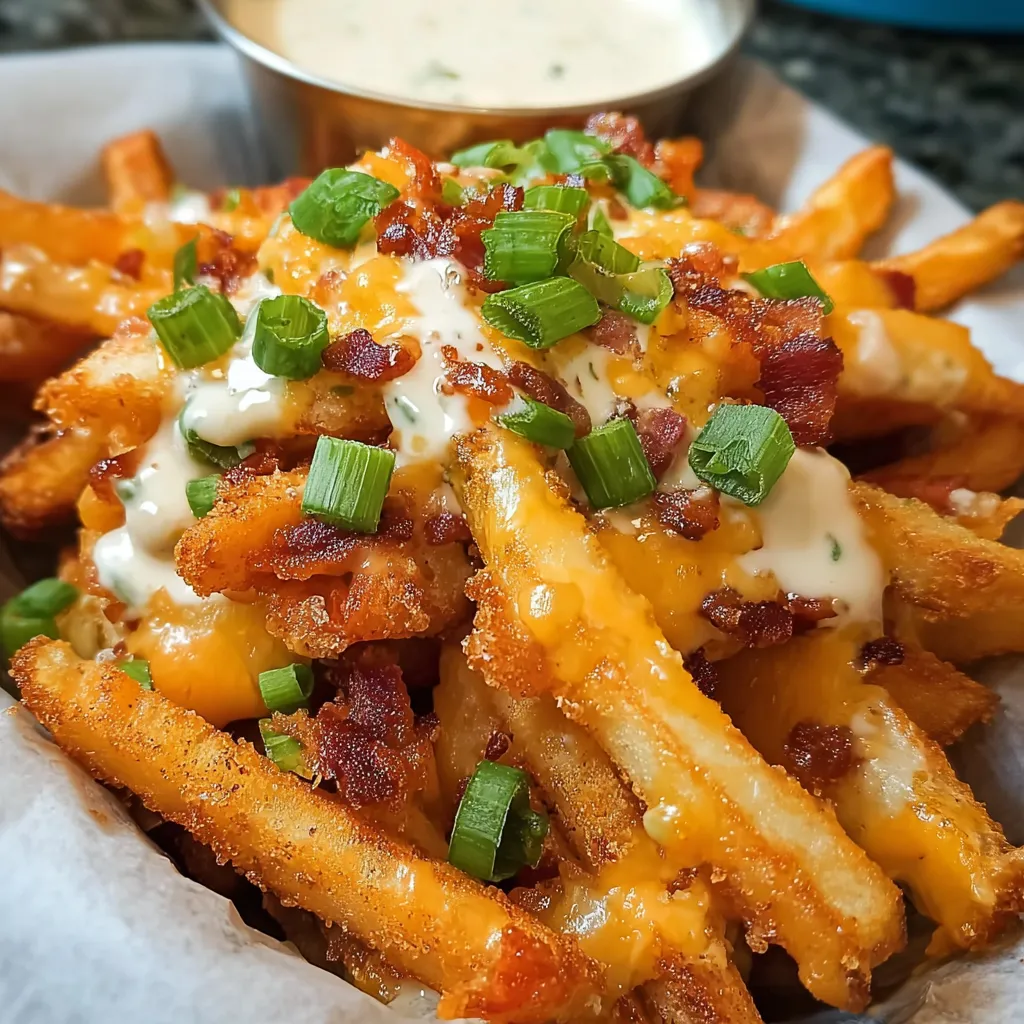 A plate of fries with cheese and bacon.