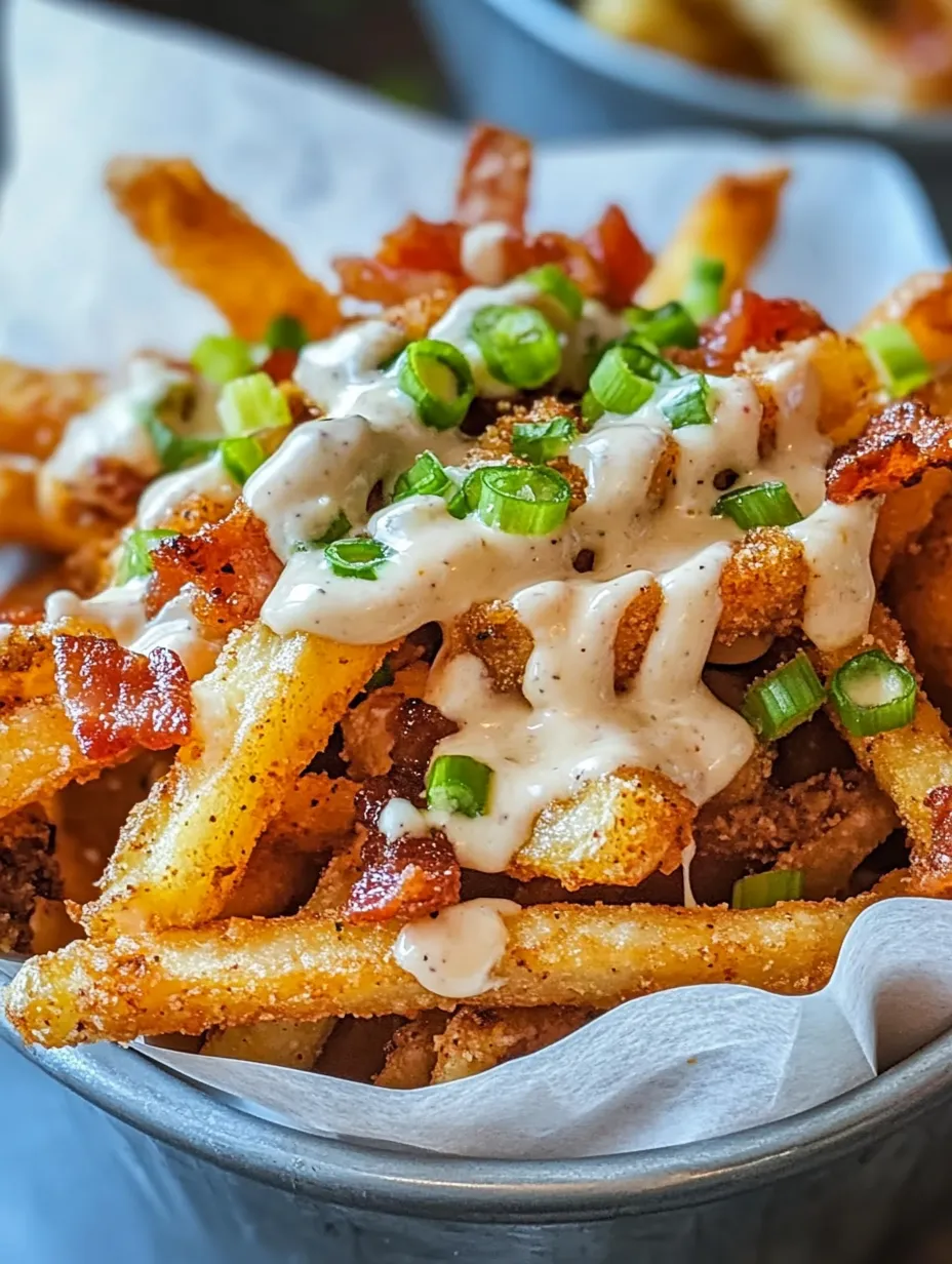 A plate of fries with cheese and bacon.