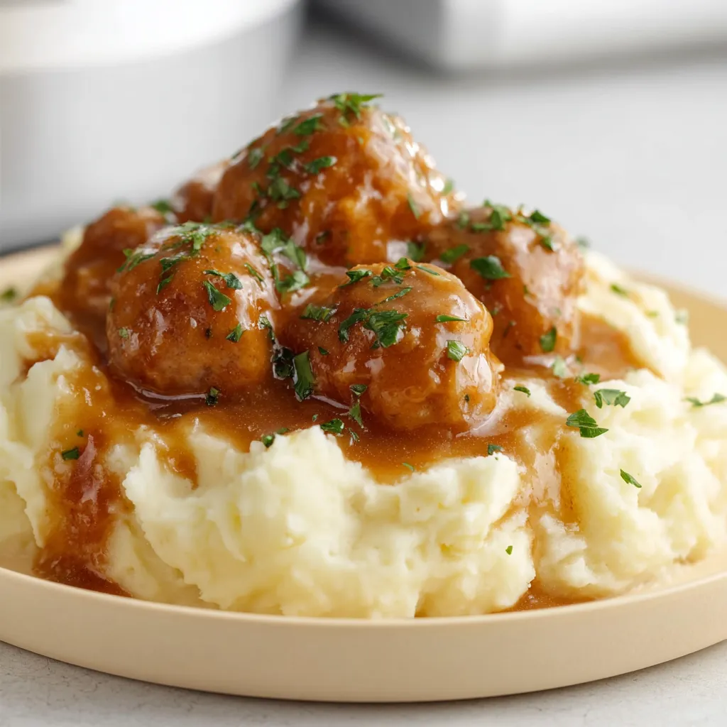 A plate of food with meatballs and gravy.