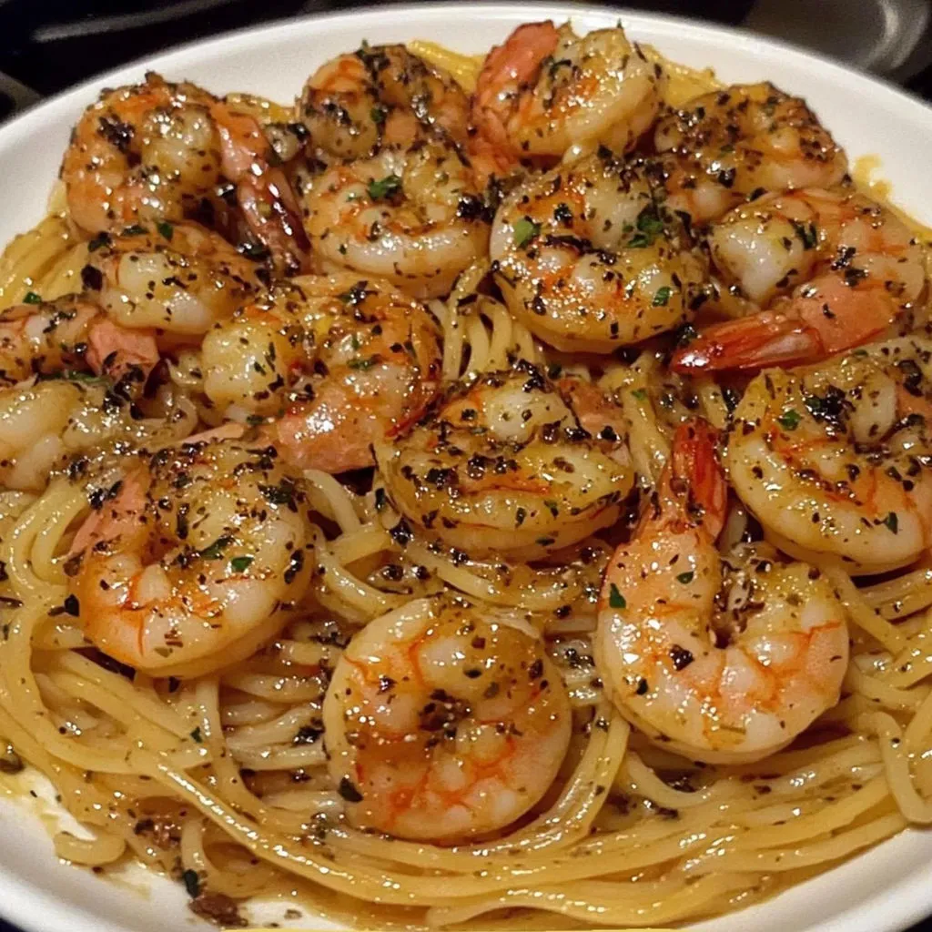 A bowl of shrimp and pasta.