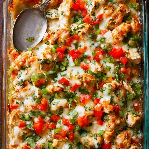 A dish of chicken and vegetables.