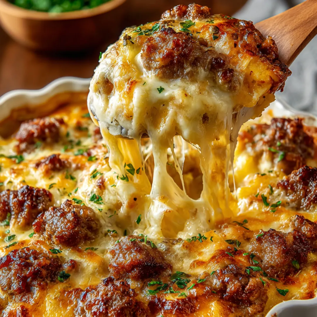 A fork is being used to eat a cheesy casserole.