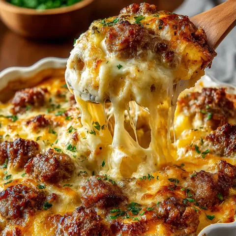 A fork is being used to eat a cheesy casserole.