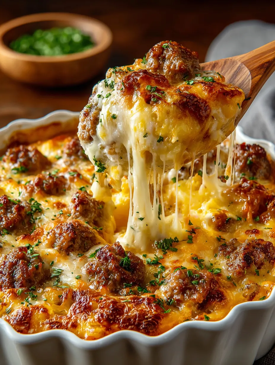 A wooden spoon is being used to scoop cheese from a casserole.