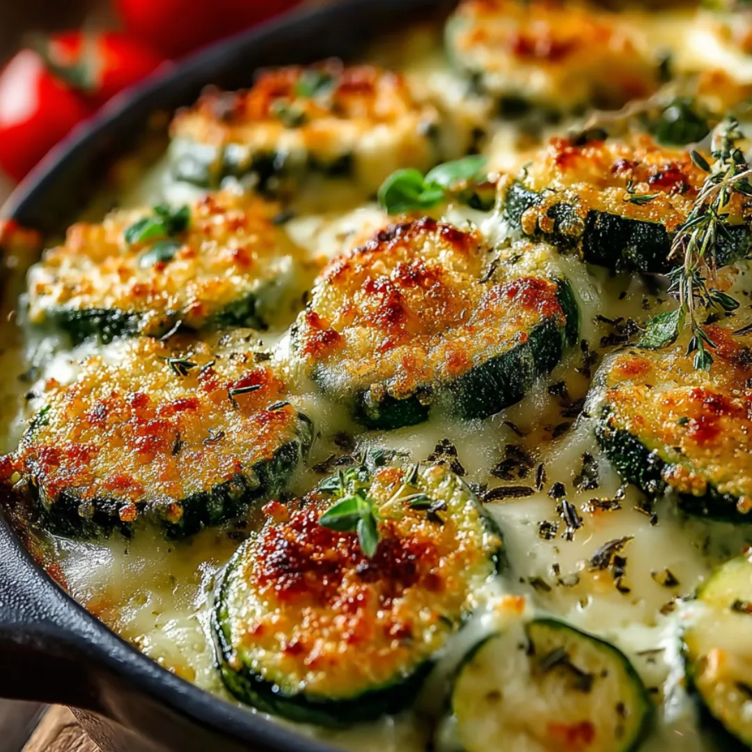 A dish of food with zucchini and cheese.