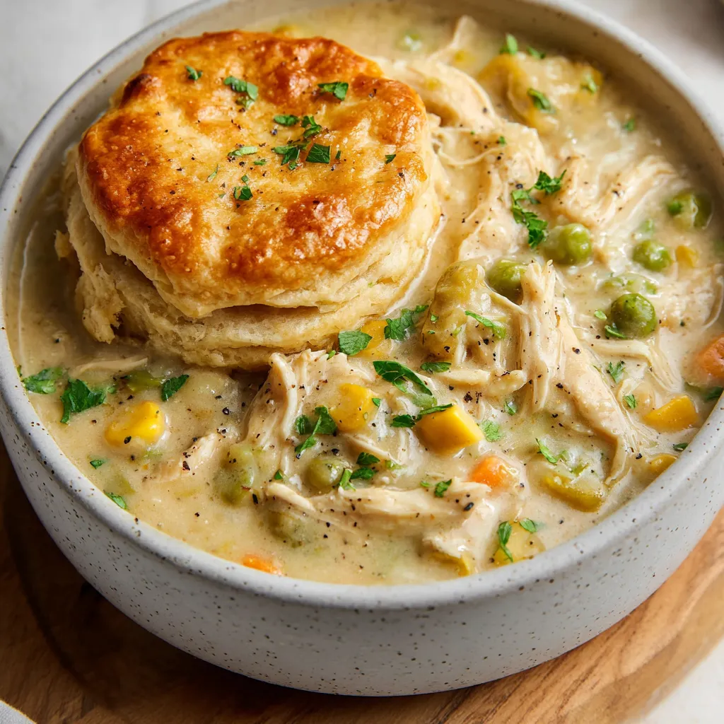 A bowl of soup with a biscuit on top.