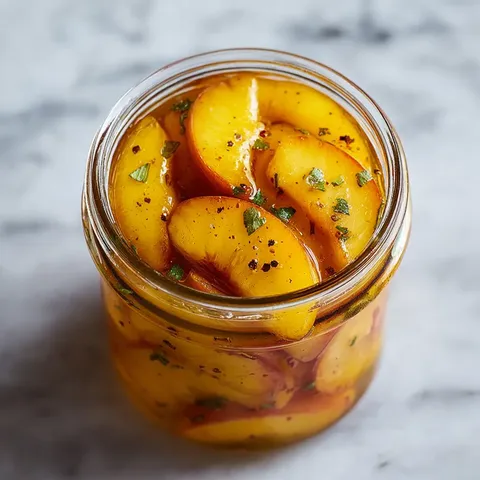 A jar of peaches with spices in it.