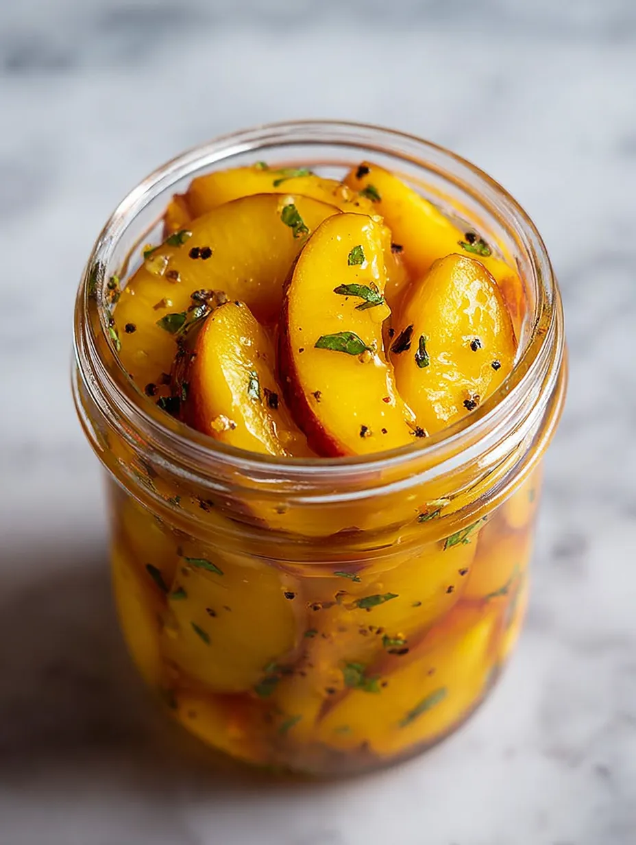 A jar of peaches with herbs in it.