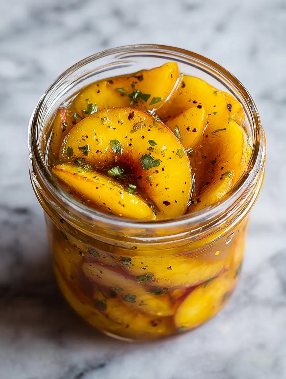 A jar of peaches with herbs.
