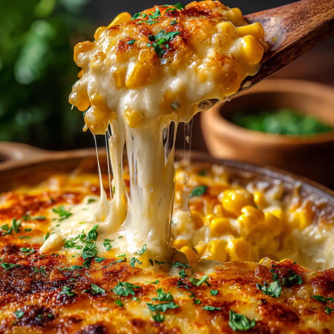 A close up of a cheese covered corn casserole.