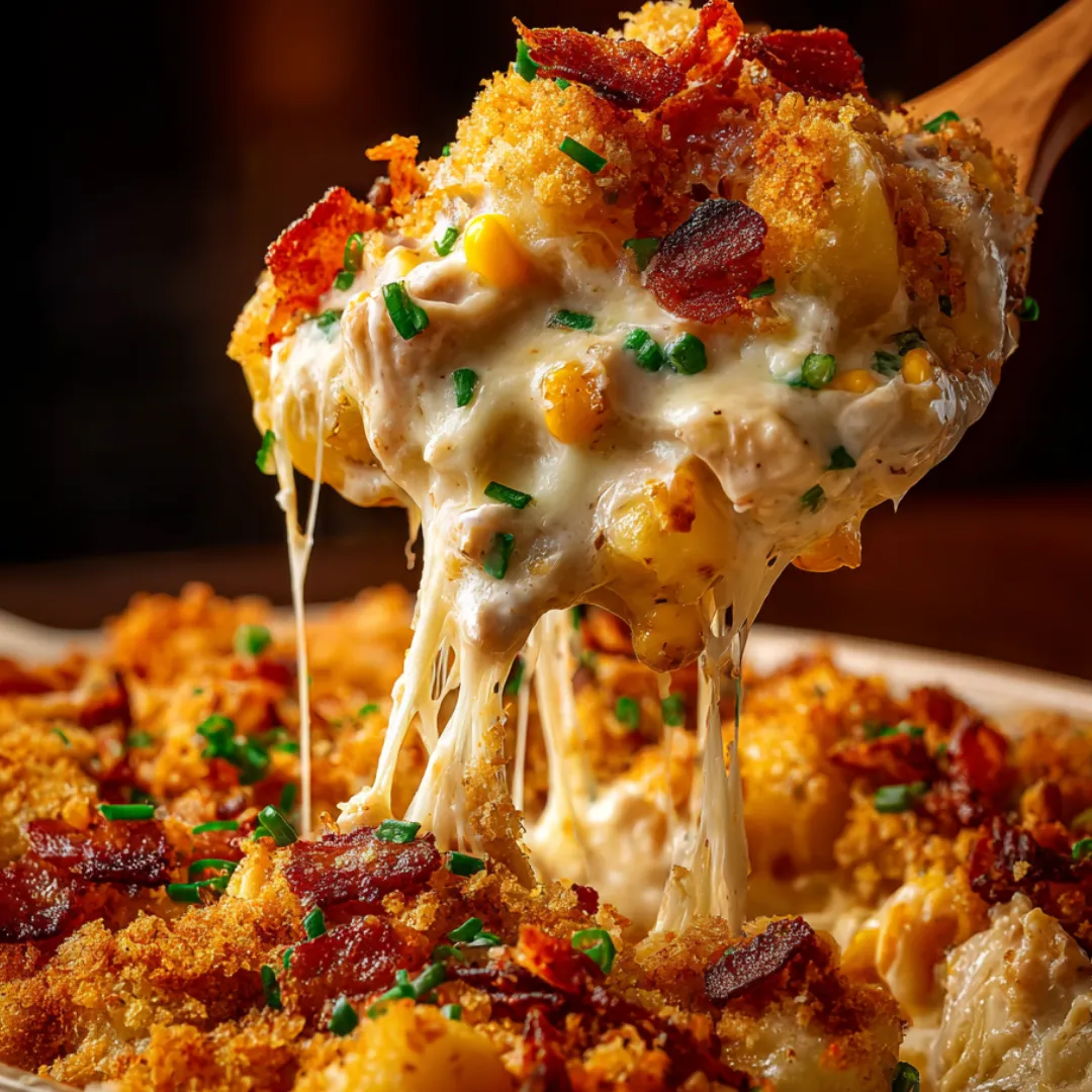 A piece of food with cheese and bacon on it.