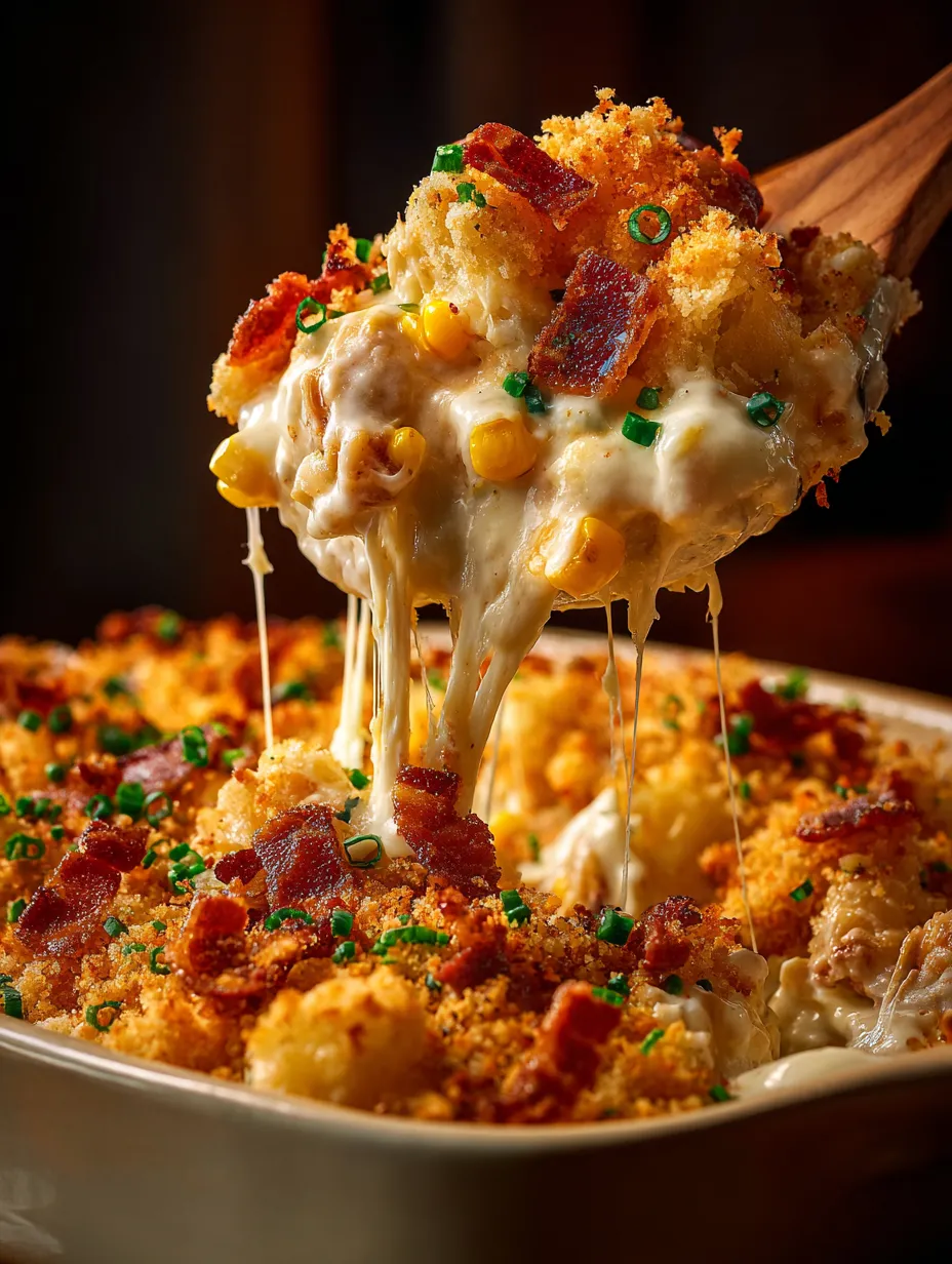 A close up of a casserole with cheese and bacon.