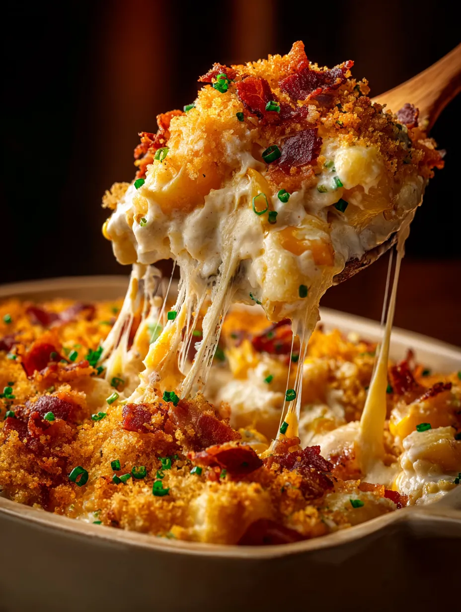 A close up of a cheesy casserole.
