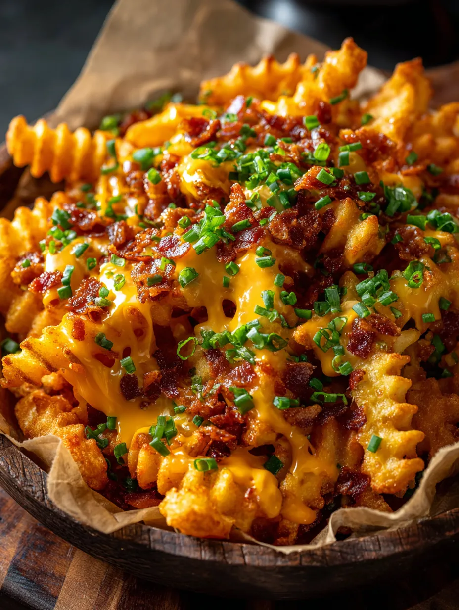 A bowl of bacon and cheese covered fries.