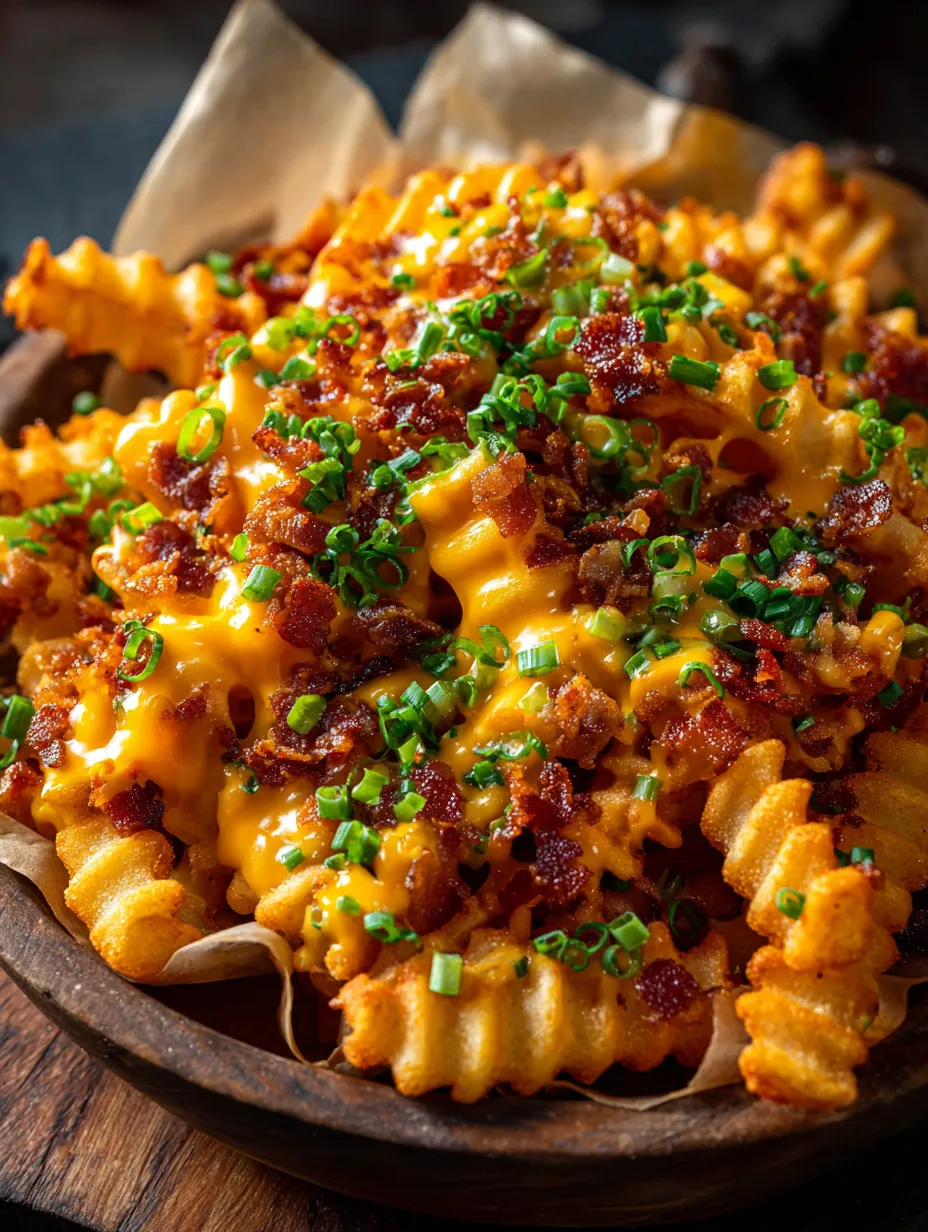 A plate of bacon and cheese covered fries.