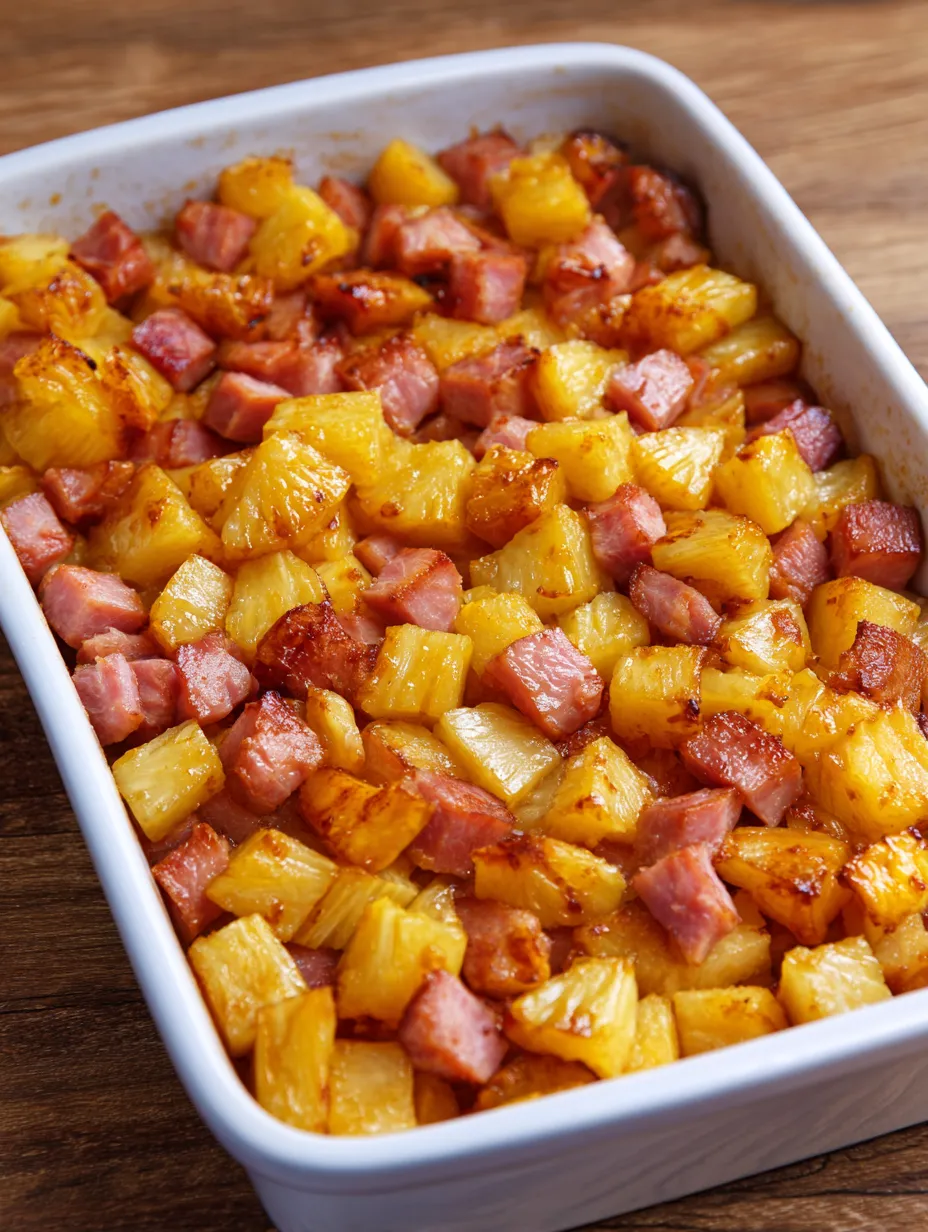 A white bowl filled with ham and pineapple.