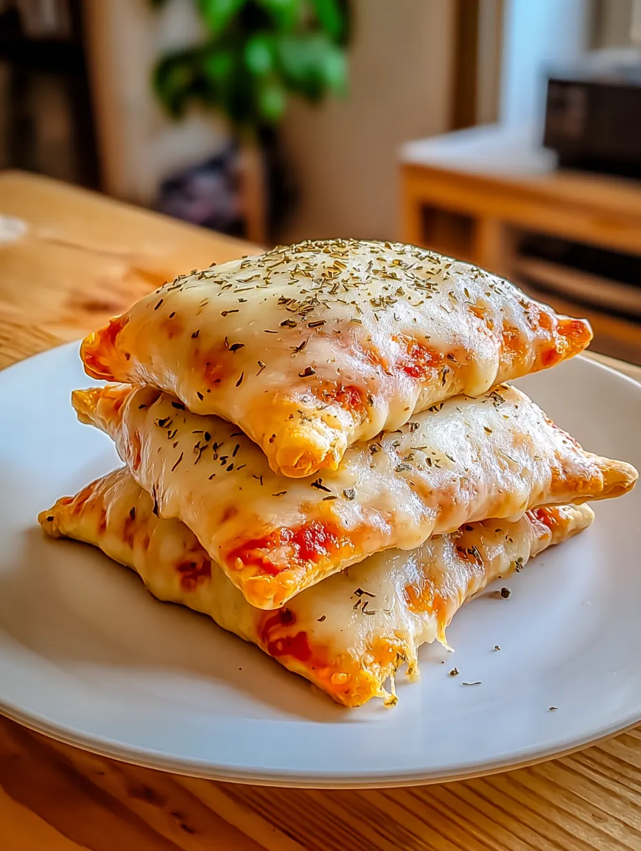 Cheesy, herby pizza bites stacked on a white plate.