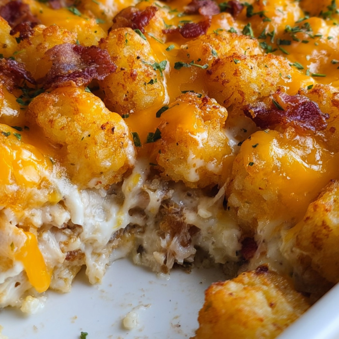 A close up of a tasty cheesy bacon loaded bake.