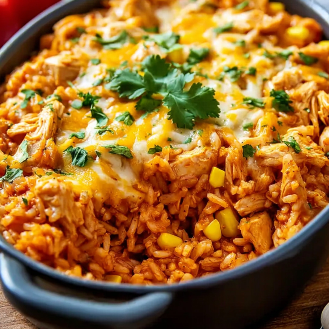 A bowl of rice with chicken and vegetables.