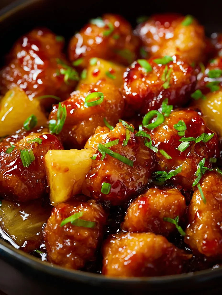 A bowl of chicken with pineapple and green onions.