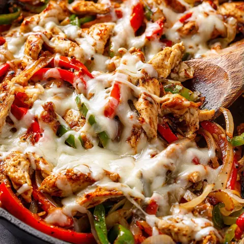 A pan of chicken with cheese and peppers.