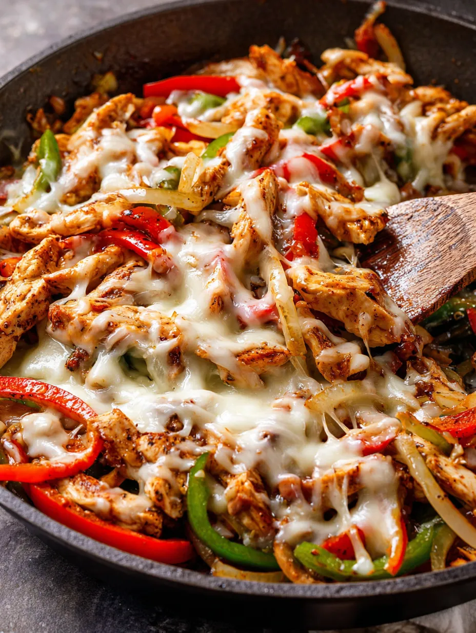 A pan of chicken with cheese and peppers.