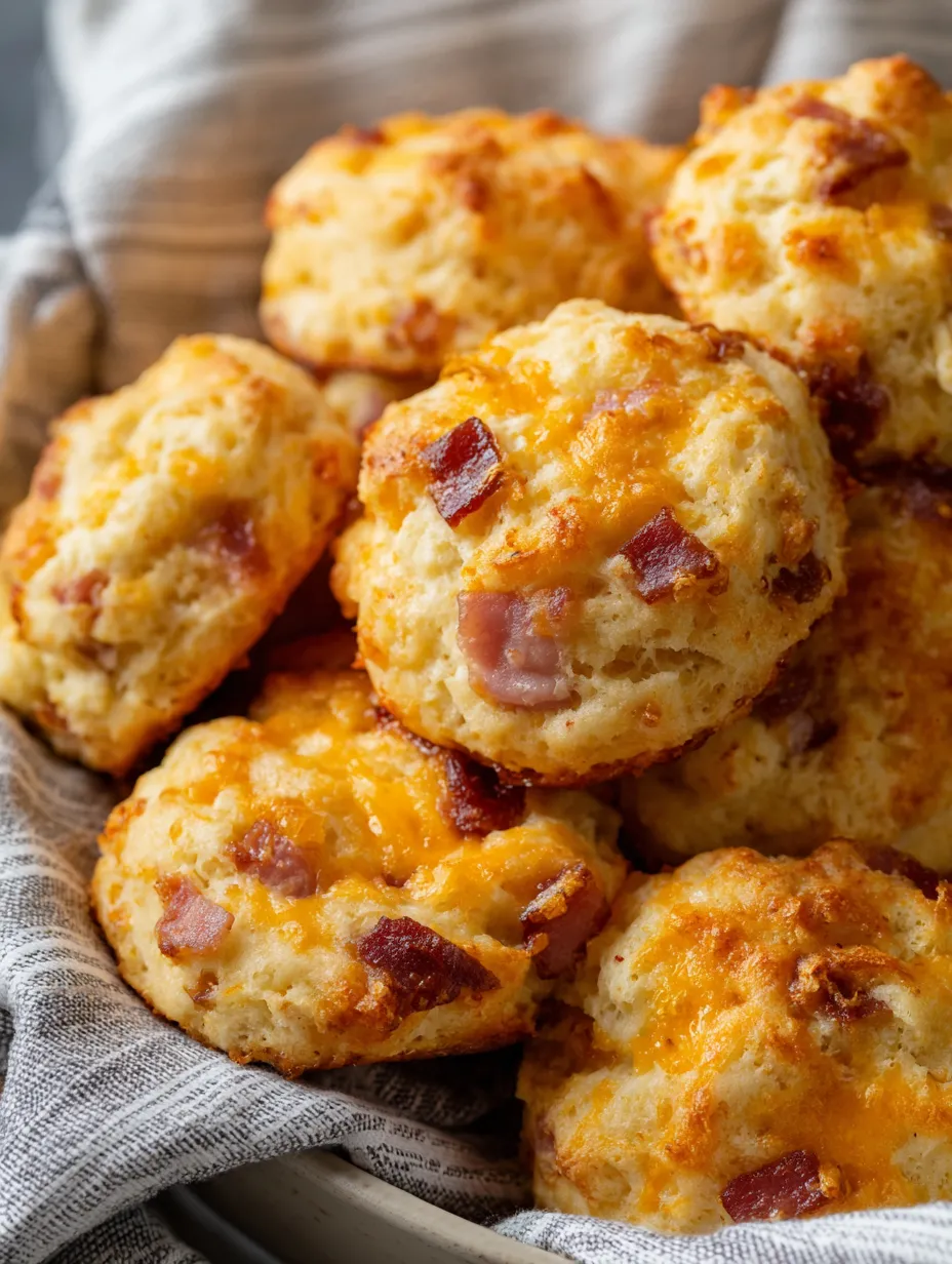 A bowl of bacon and cheese biscuits.