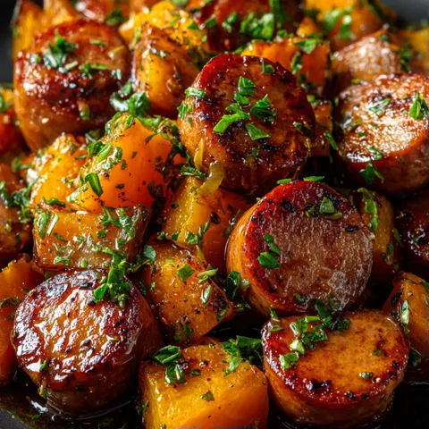 Sliced sausage and potatoes on a plate.