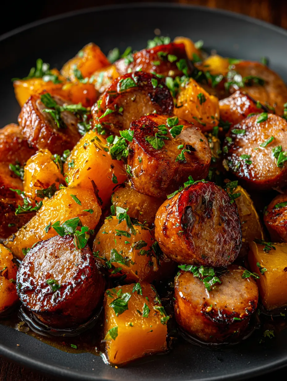 A plate of food with sausage, potatoes, and parsley.