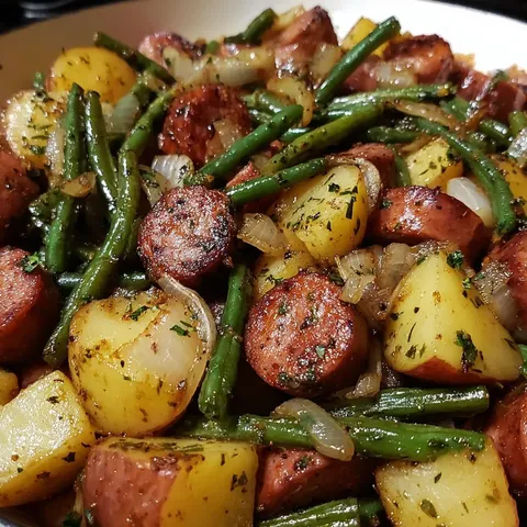 A bowl of food with green beans and sausage.