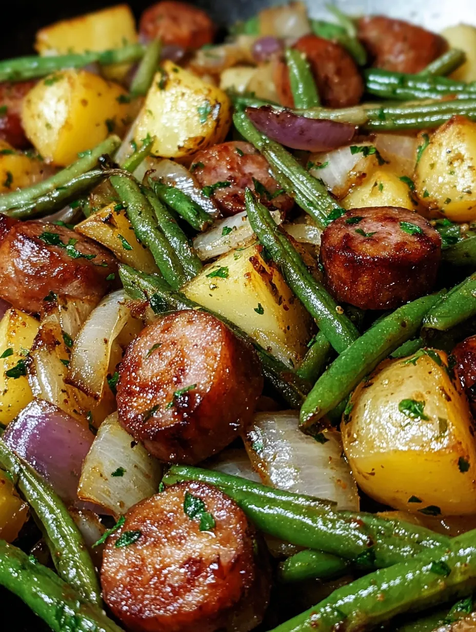 A plate of food with sausage, potatoes, and green beans.