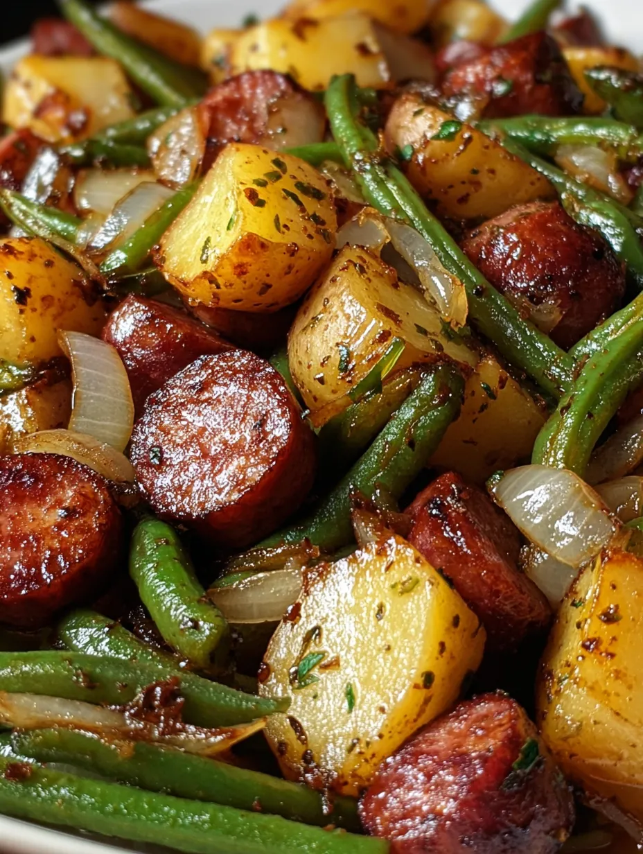 A plate of food with sausage, potatoes, onions, and green beans.
