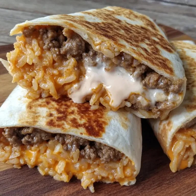 A burrito with rice and meat on a wooden table.