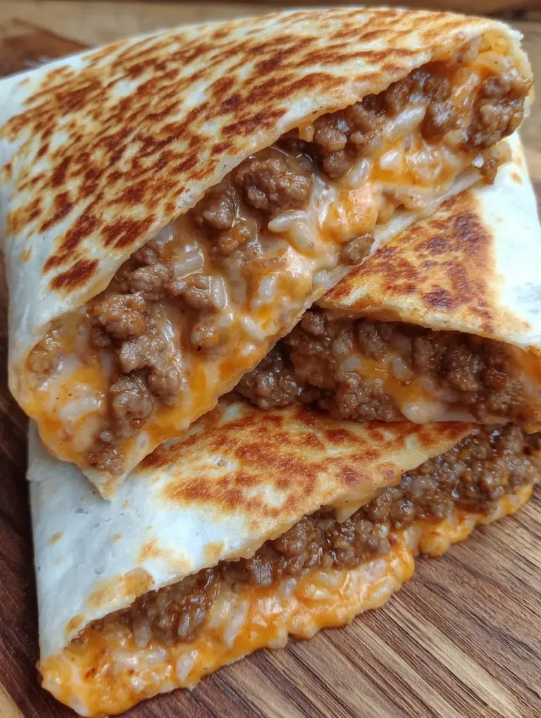 A burrito with meat and cheese on a table.