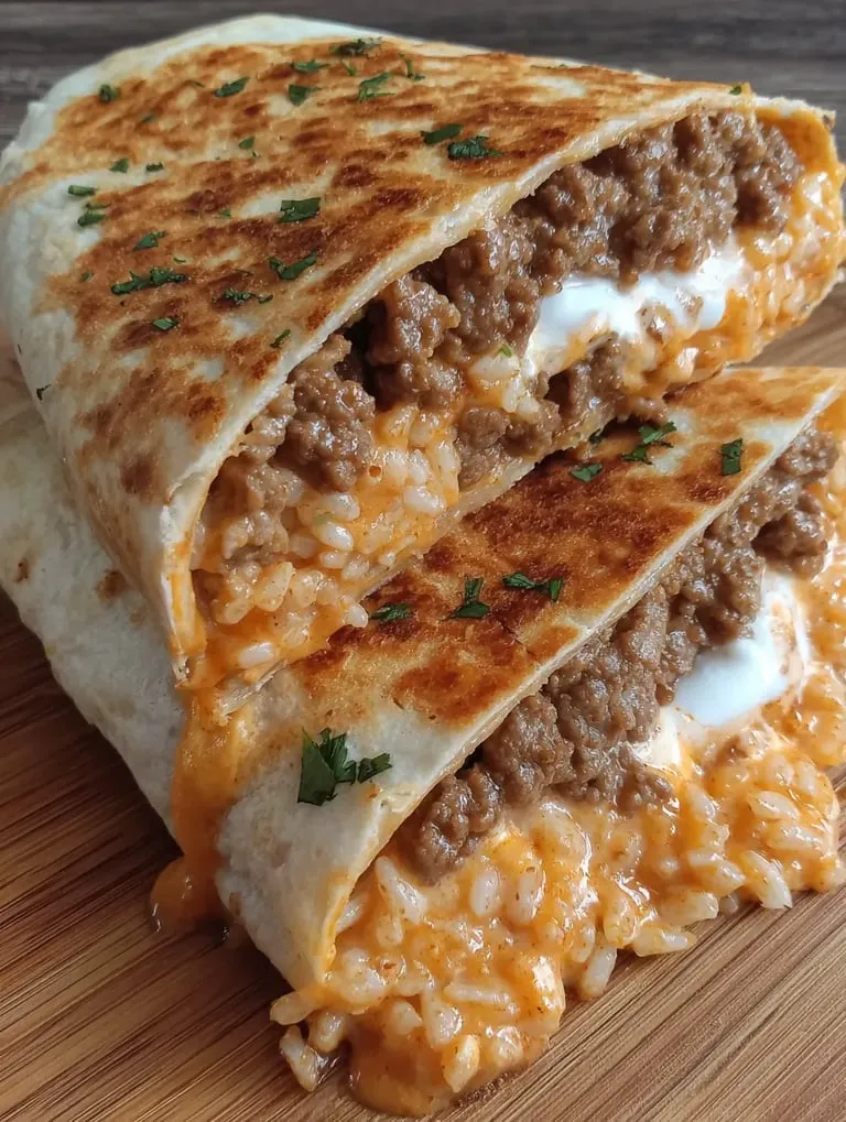 A burrito with rice and meat on a table.