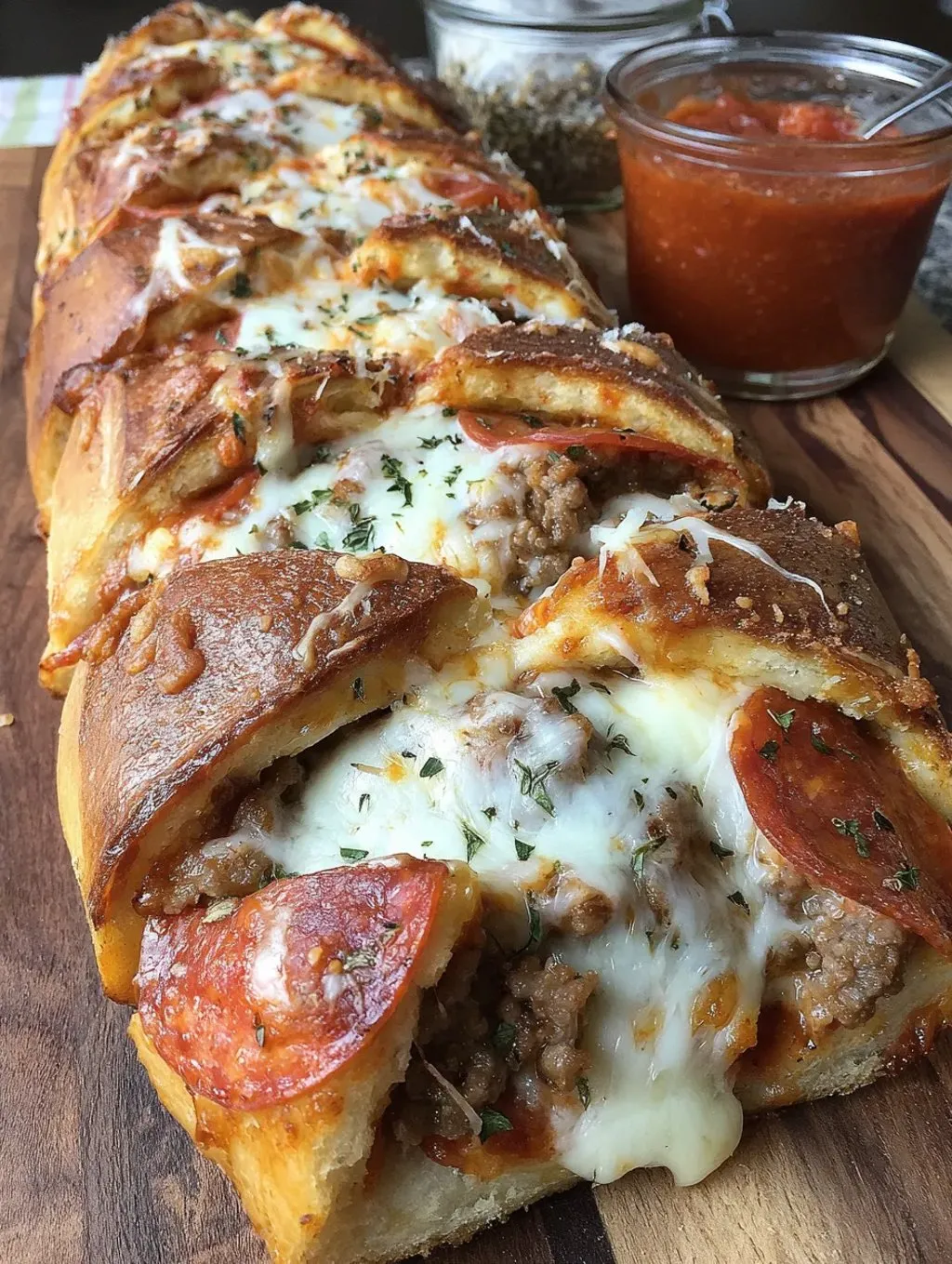 A slice of pizza on a wooden table.