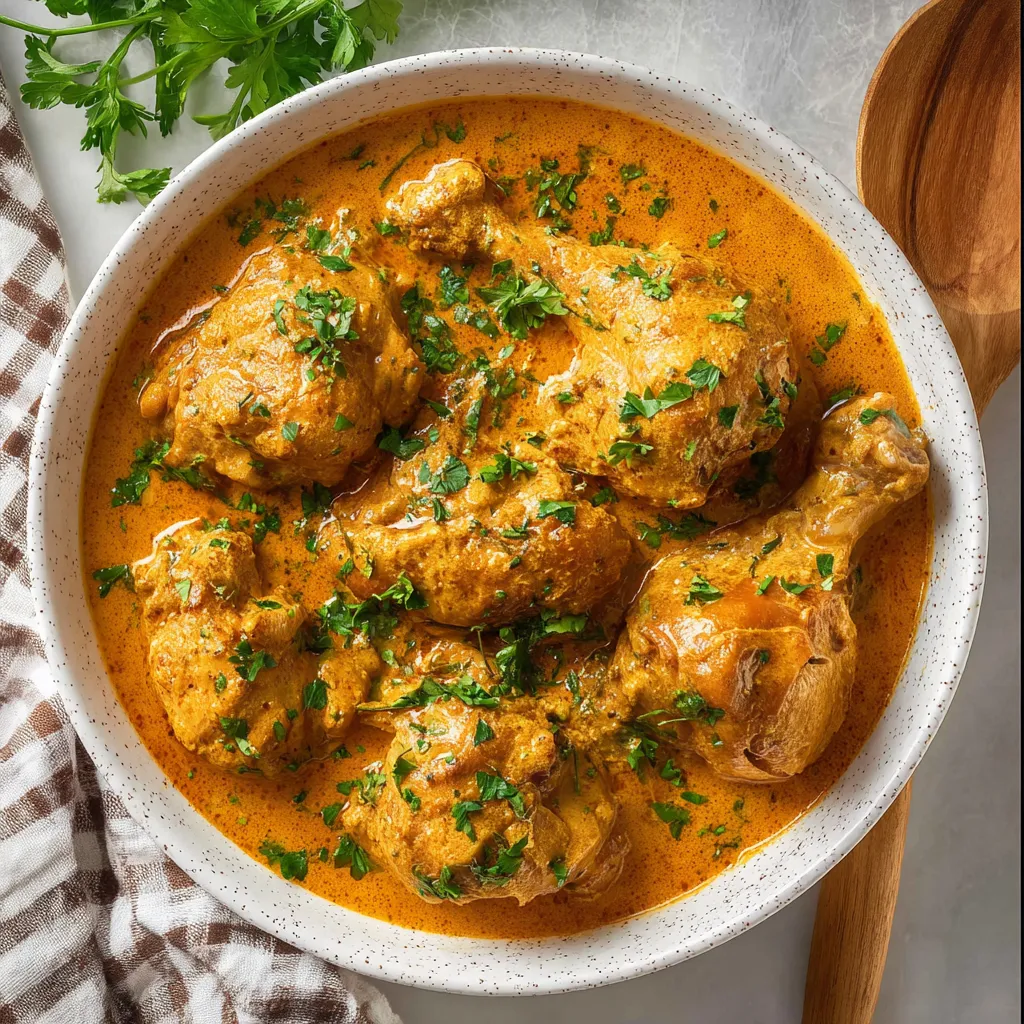 A bowl of chicken with a spoon.
