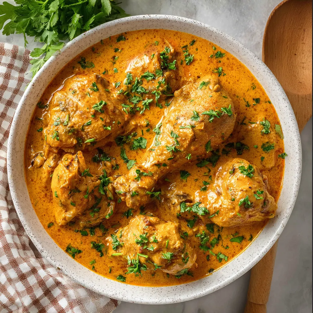 A bowl of chicken with a spoon in it.