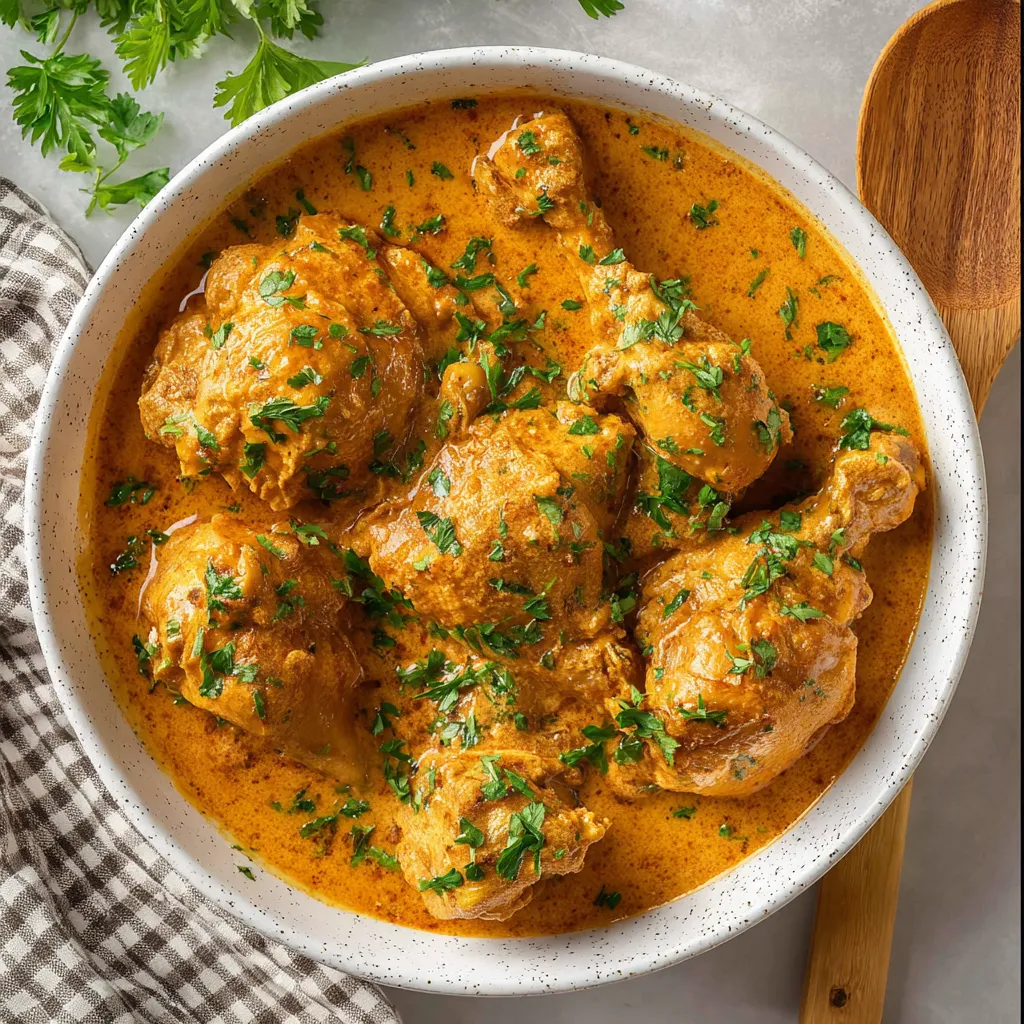 A bowl of chicken with herbs and sauce.