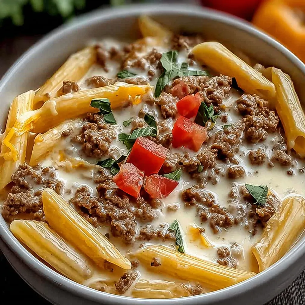 A bowl of pasta with meat and tomatoes.