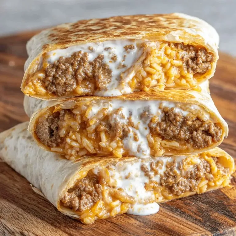 A stack of burritos on a wooden table.