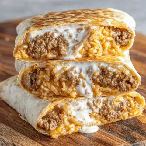 A stack of burritos on a wooden table.