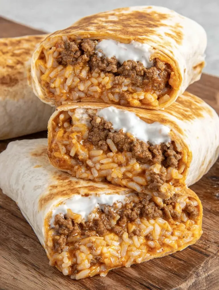 A burrito with rice and meat.