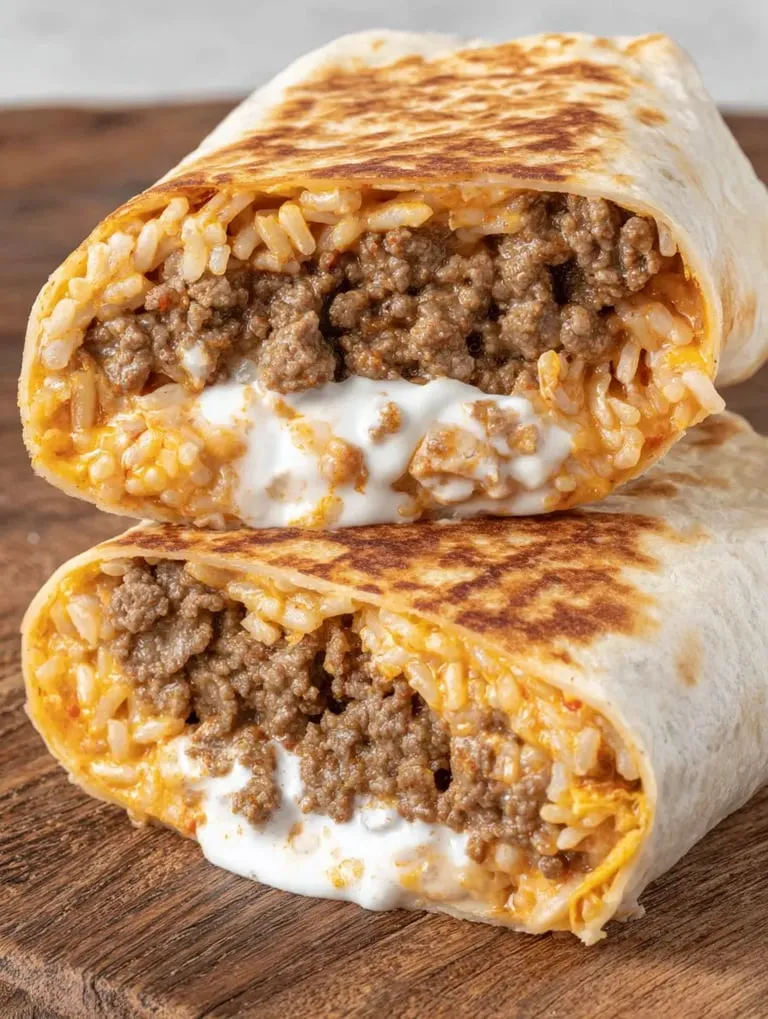 A yummy burrito with rice and meat.