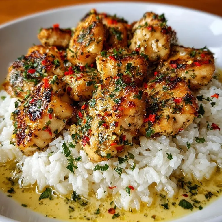 A plate of rice with chicken on top.