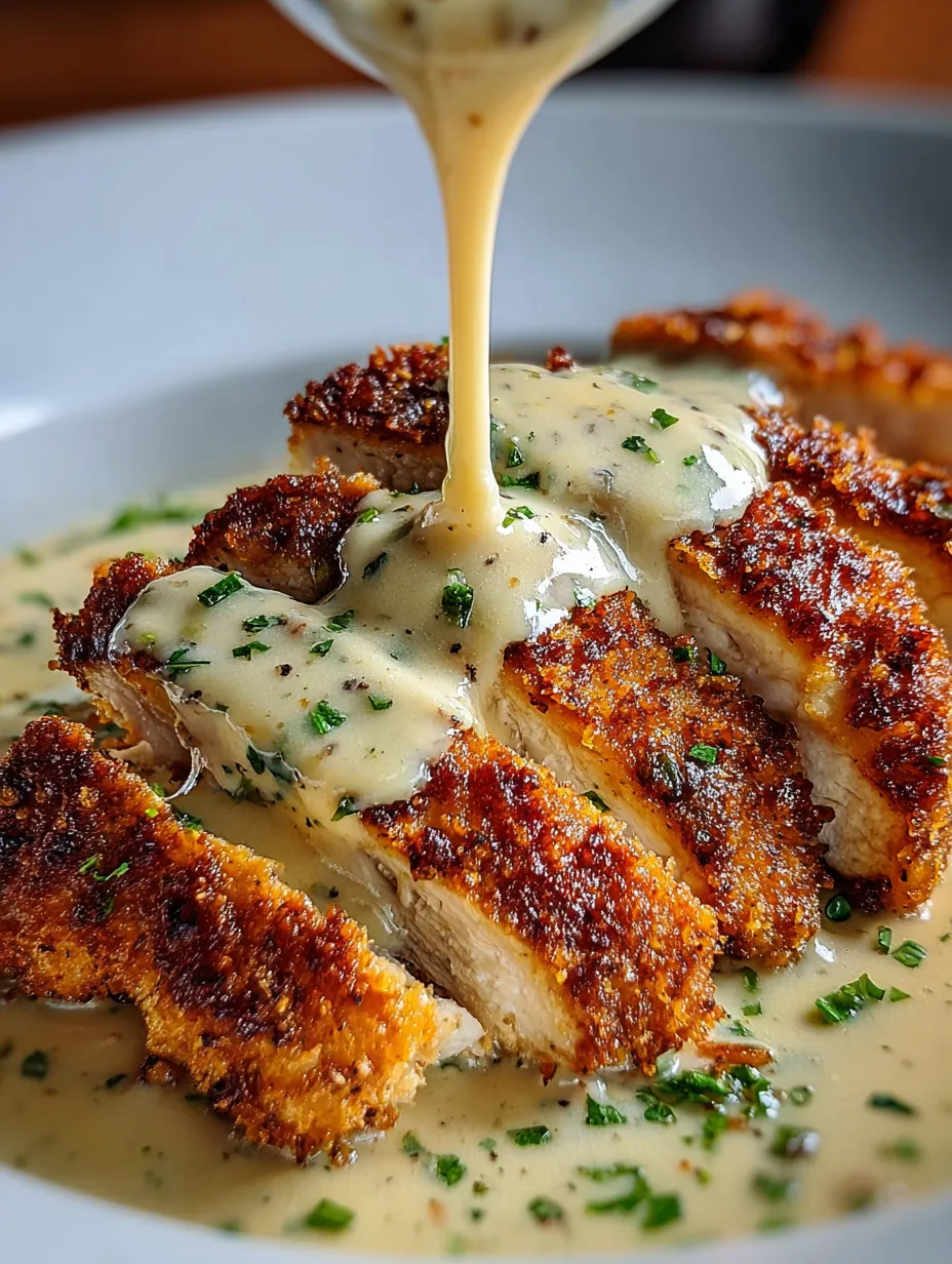 A piece of meat with sauce drizzled on it.