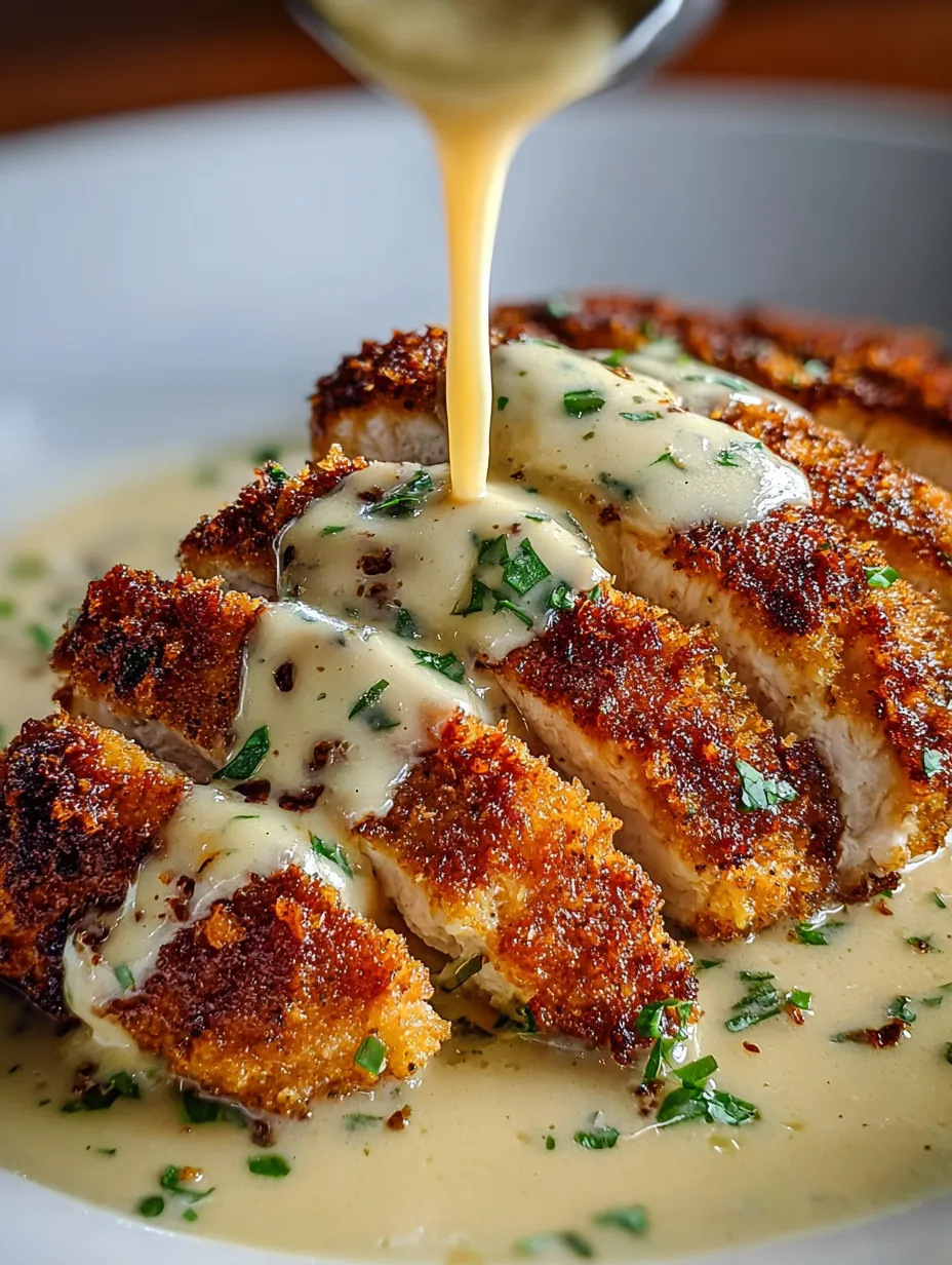 A piece of meat with sauce drizzled on it.