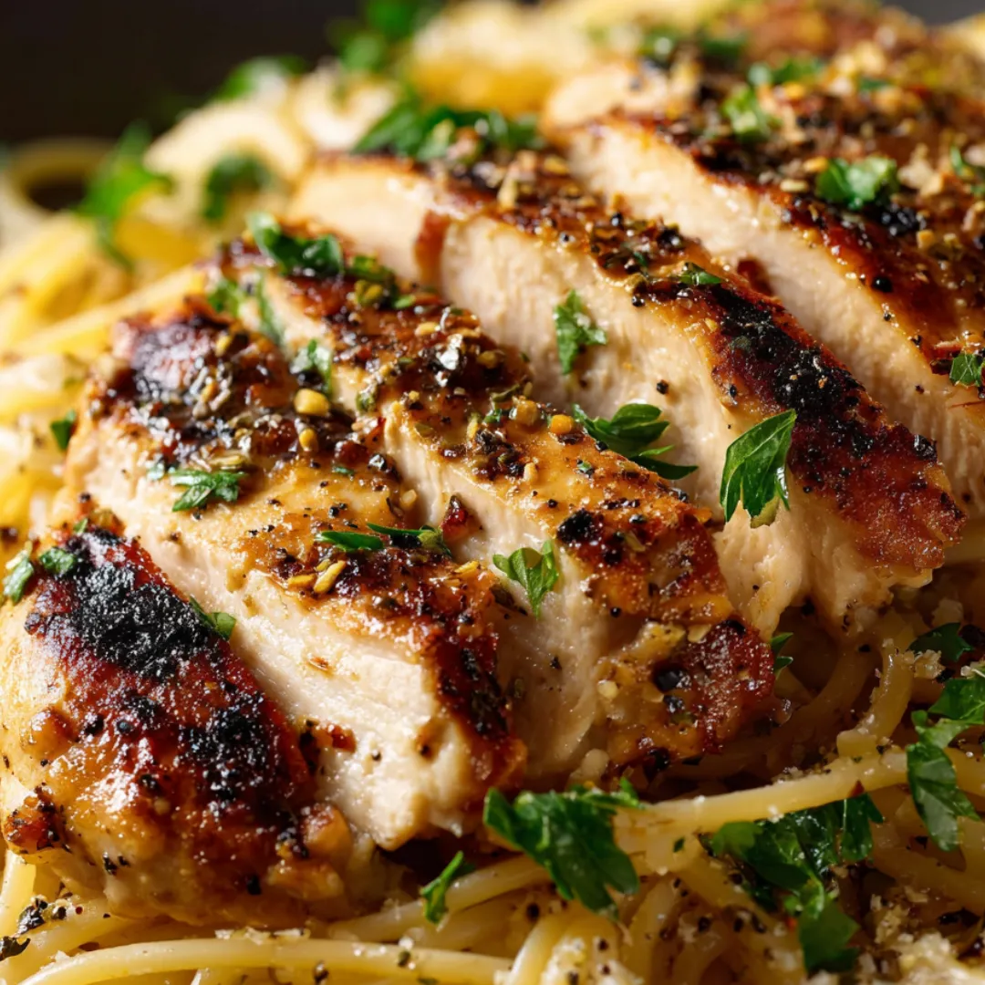A plate of food with chicken and pasta.